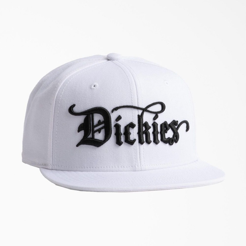 White Dickies Embroidered Flat Brim Men\'s Hat | 921-LBJTID