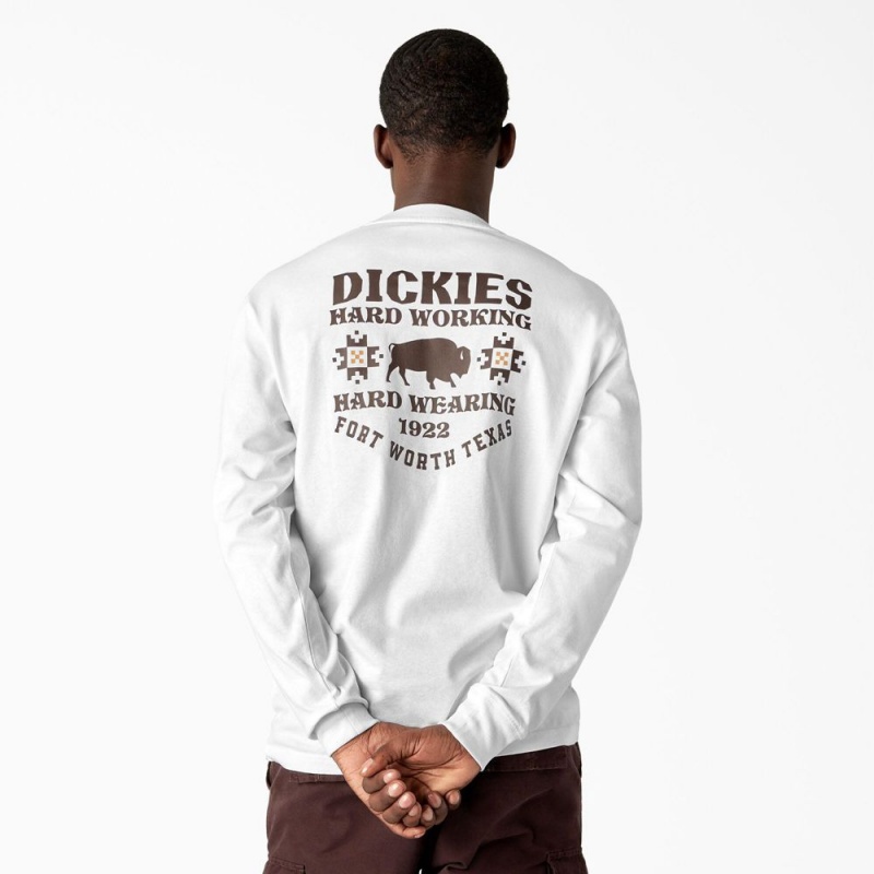 White Dickies Hays Long Sleeve Graphic Men\'s T-Shirt | 875-AIELYS