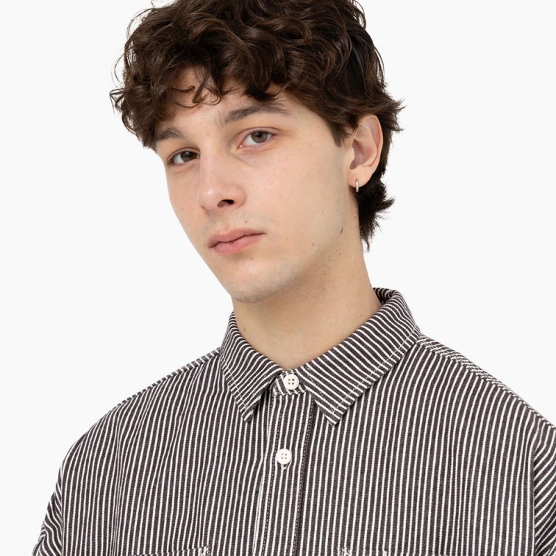 White Dickies Hickory Stripe Long Sleeve Men's Work Shirts | 532-MQTBES