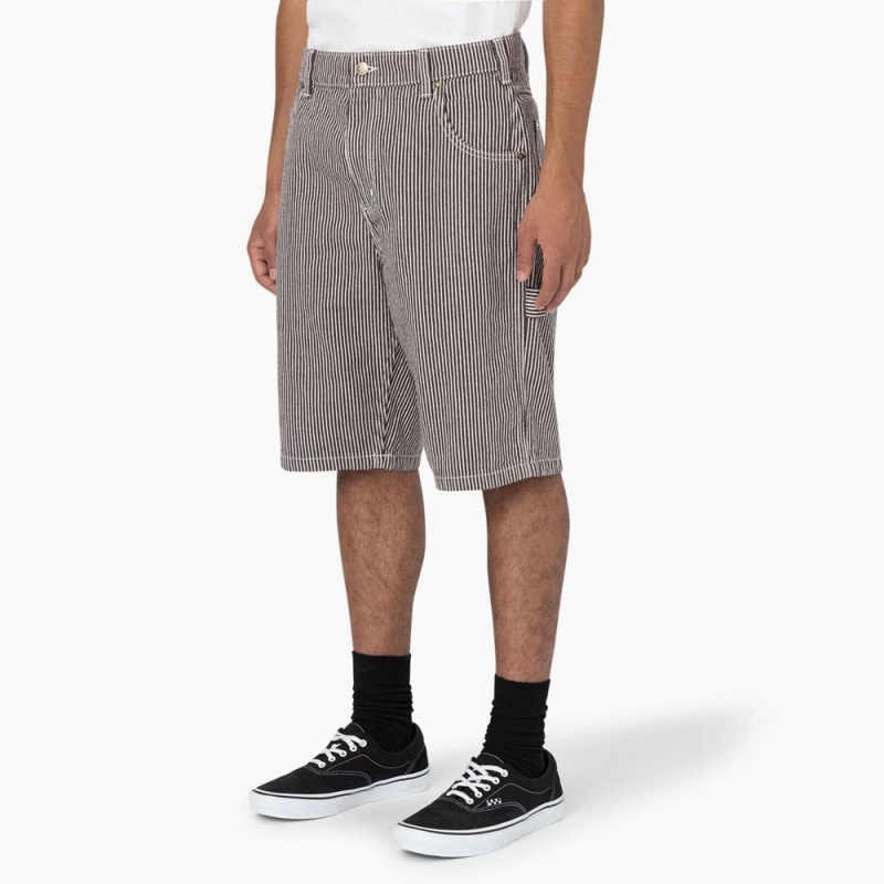 White Dickies Hickory Stripe Relaxed Fit Carpenter Men's Shorts | 193-QZDTVU