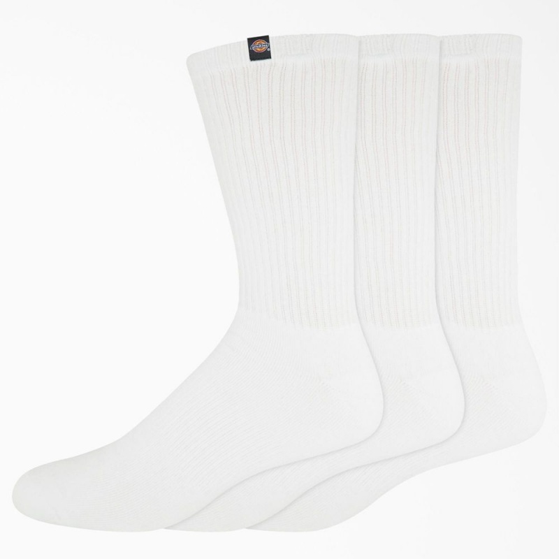 White Dickies Label Crew 3-Pack Men\'s Socks | 492-UKBXSV