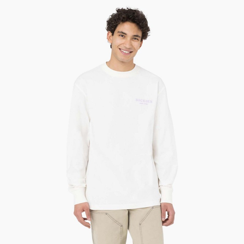 White Dickies Oatfield Long Sleeve Men's T-Shirt | 261-FNXHLI