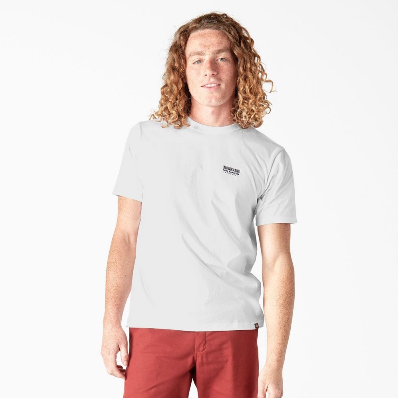 White Dickies Skateboarding Pool Drainage Graphic Men's T-Shirt | 381-TGMDHJ