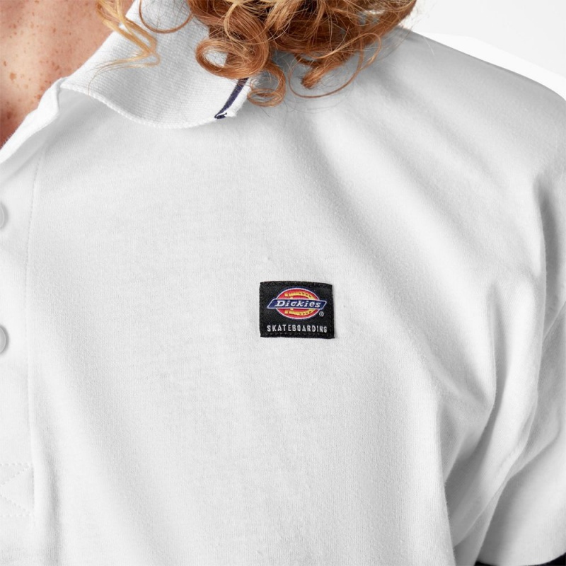 White Dickies Skateboarding Rugby Men's Polo Shirt | 367-KAHFPN