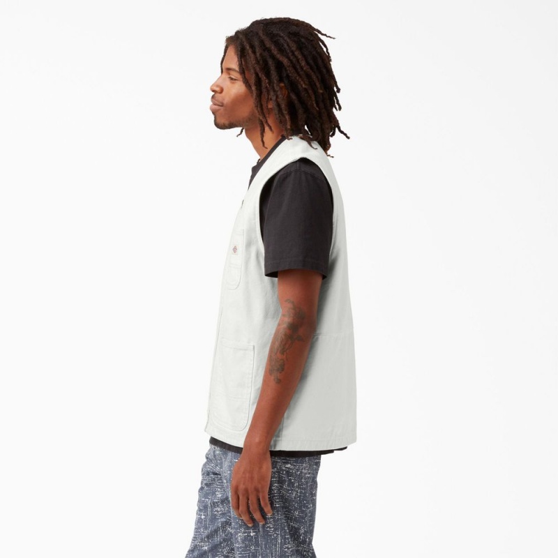 White Dickies Stonewashed Duck Carpenter Men's Vest | 097-OBKALS