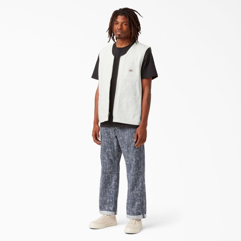 White Dickies Stonewashed Duck Carpenter Men's Vest | 097-OBKALS