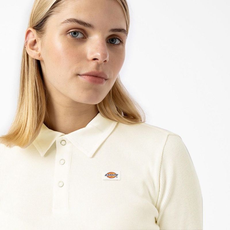 White Dickies Tallasee Long Sleeve Cropped Women's Polo Shirt | 851-DCNWTE