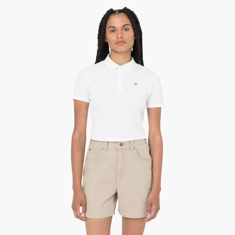 White Dickies Tallasee Short Sleeve Cropped Women\'s Polo Shirt | 215-ABGYTF