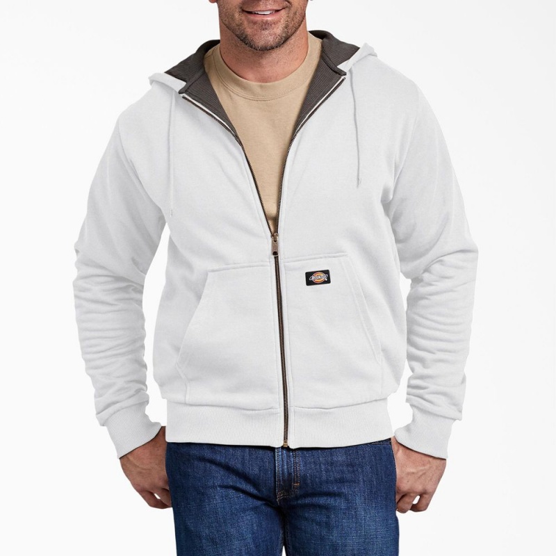 White Dickies Thermal Lined Fleece Zip Men\'s Hoodie | 596-MJCORS