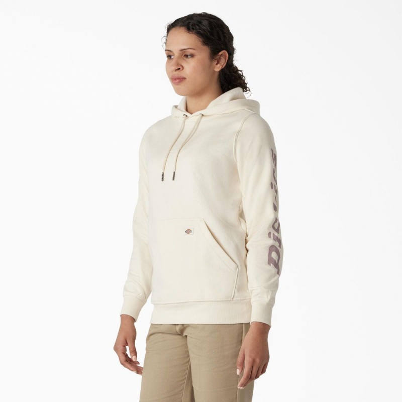 White Dickies Water Repellent Sleeve Logo Women's Hoodie | 539-JDBMKI