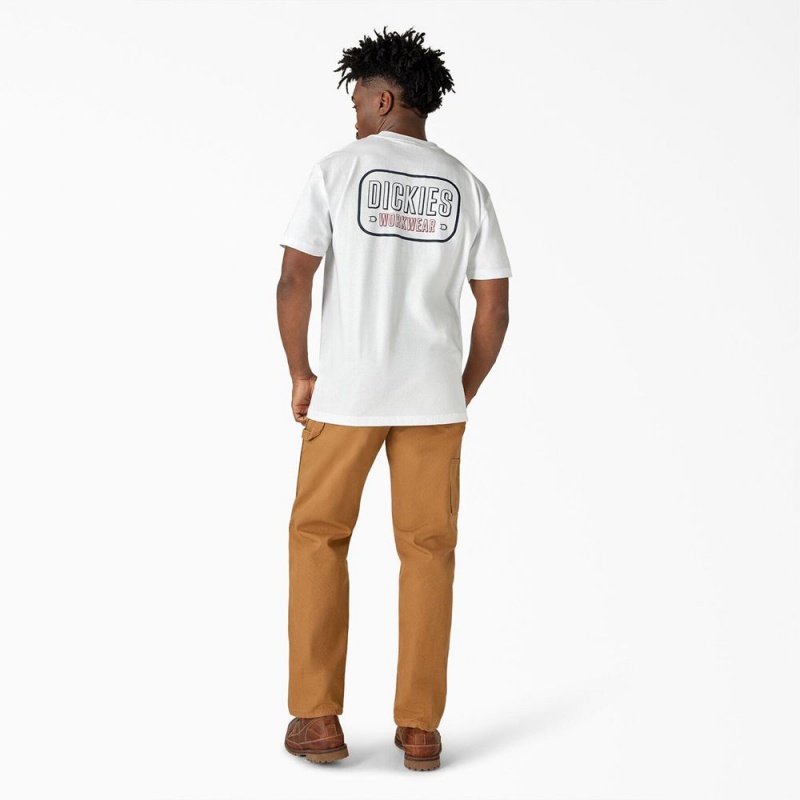 White Dickies Workwear Sign Heavyweight Men's T-Shirt | 862-OGUHBM