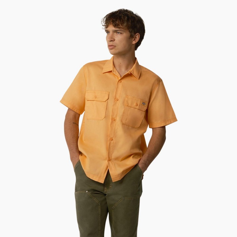 Yellow Dickies Madras Short Sleeve Men\'s Work Shirts | 683-SODHNW