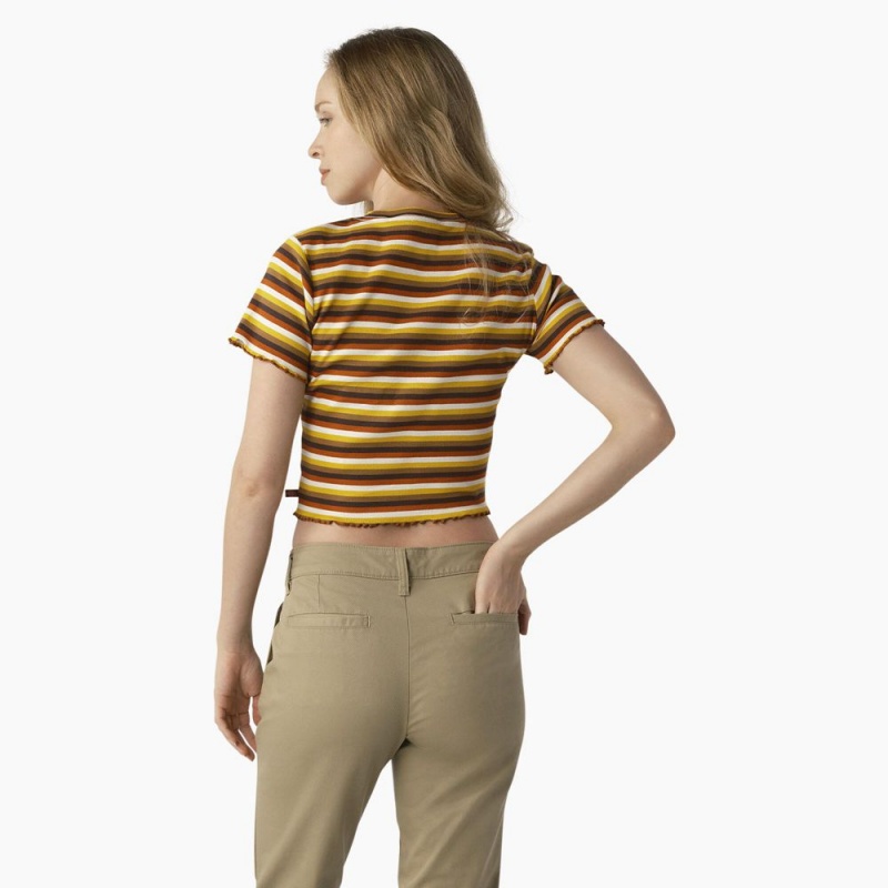 Yellow Dickies Striped Cropped Baby Women's T-Shirt | 486-VKLMXN