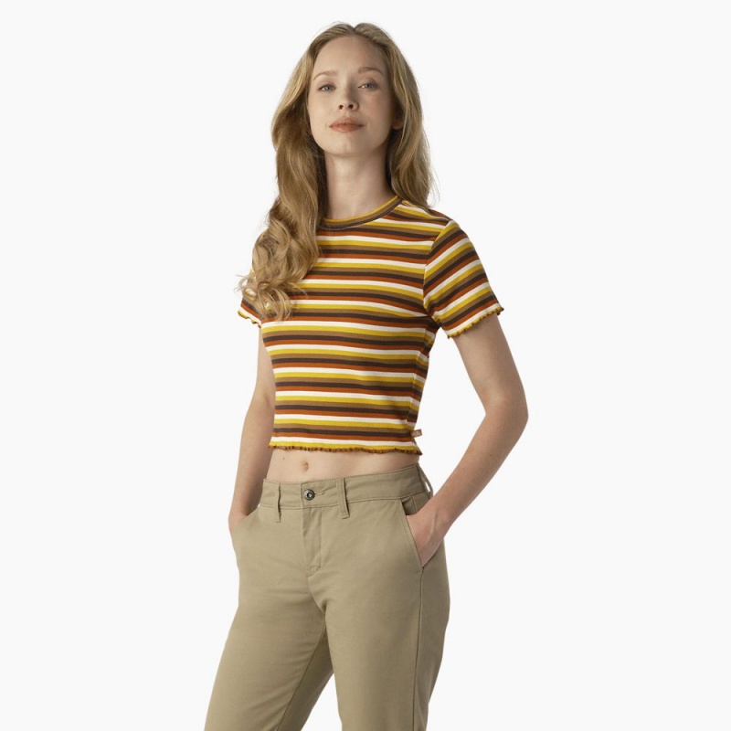 Yellow Dickies Striped Cropped Baby Women's T-Shirt | 486-VKLMXN